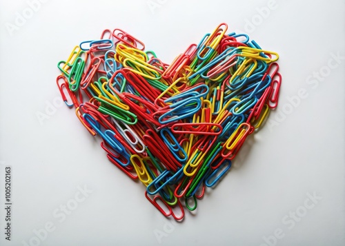 Vibrant red heart shape composed of tiny colorful paper clips, arranged in a whimsical pattern, against a clean white background, conveying love and creativity. photo