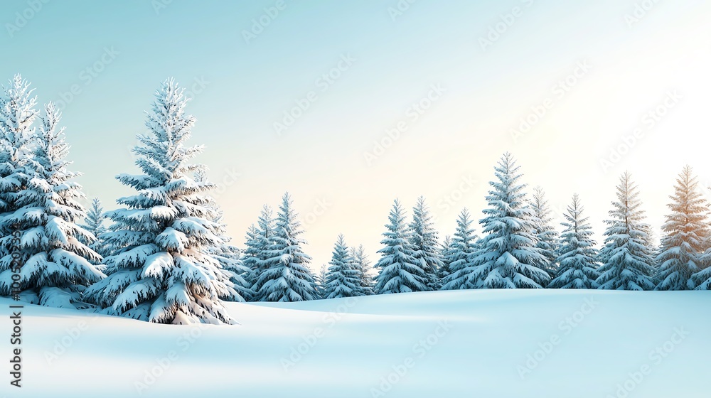 Obraz premium Snowy evergreen trees on a winter landscape, tranquil and beautiful scenery.