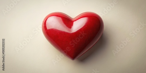 Vibrant red heart shape isolated on a soft, creamy white background, with gentle shadows and subtle texture, conveying love, warmth, and tender feelings.