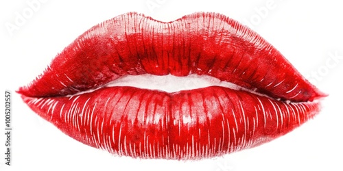 Vibrant red lip print on a white background, subtle gloss and texture, bold and feminine, perfect for beauty, fashion, or Valentine's Day themed designs. photo