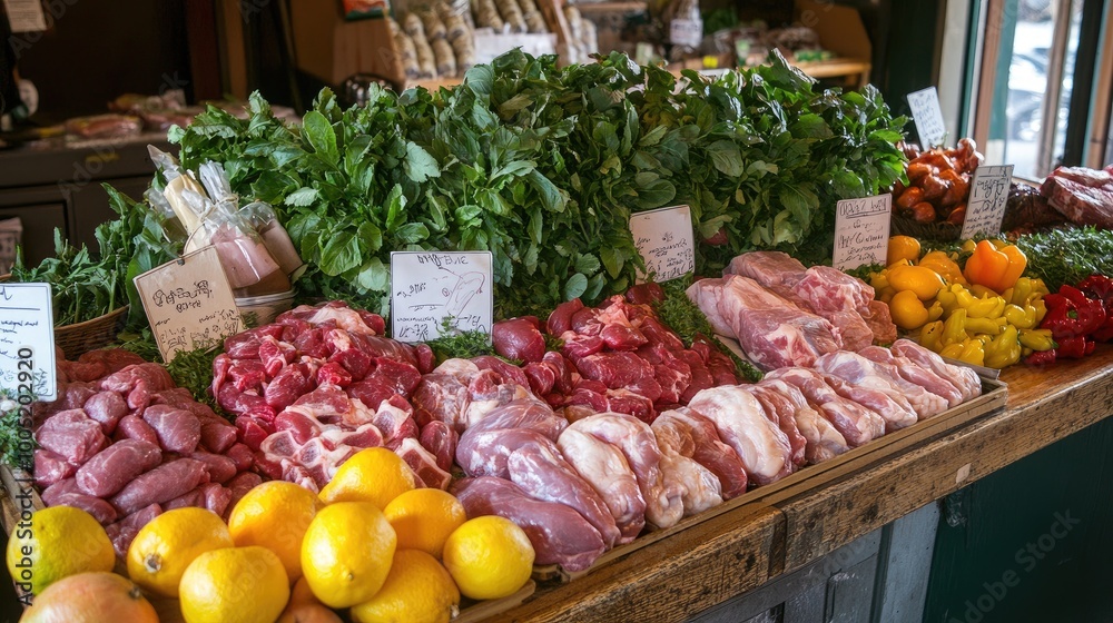 Fresh Meat and Vegetables Display at Market Stall Fresh Meat and Vegetables Display at Market Stall