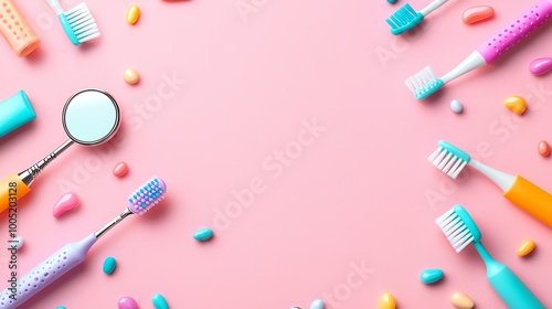 Colorful toothbrushes and dental tools arranged on pink background, perfect for dental themes. photo