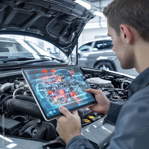 Technician Using Augmented Reality Diagnostics to Inspect Engine