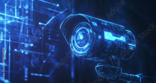 A low polygon CCTV security camera wireframe mesh displayed on a blue background.	