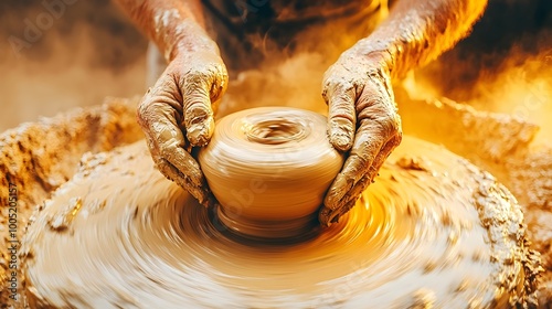 Close-Up of Potter Shaping Clay on Spinning Wheel, Earthy Tones and Soft Lighting