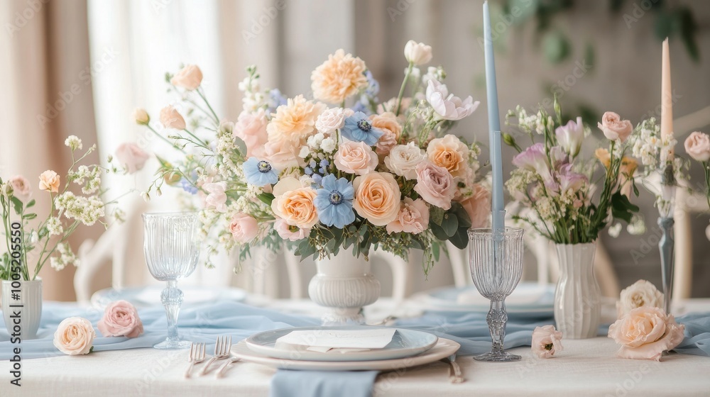 Elegant Table Setting with Delicate Flowers and Blue Accents Elegant Table Setting with Delicate Flowers and Blue Accents