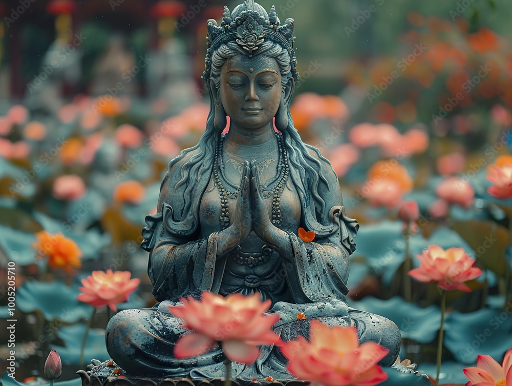 Serene Buddhist Statue in a Garden of Lotus Flowers Serene Buddhist Statue in a Garden of Lotus Flowers