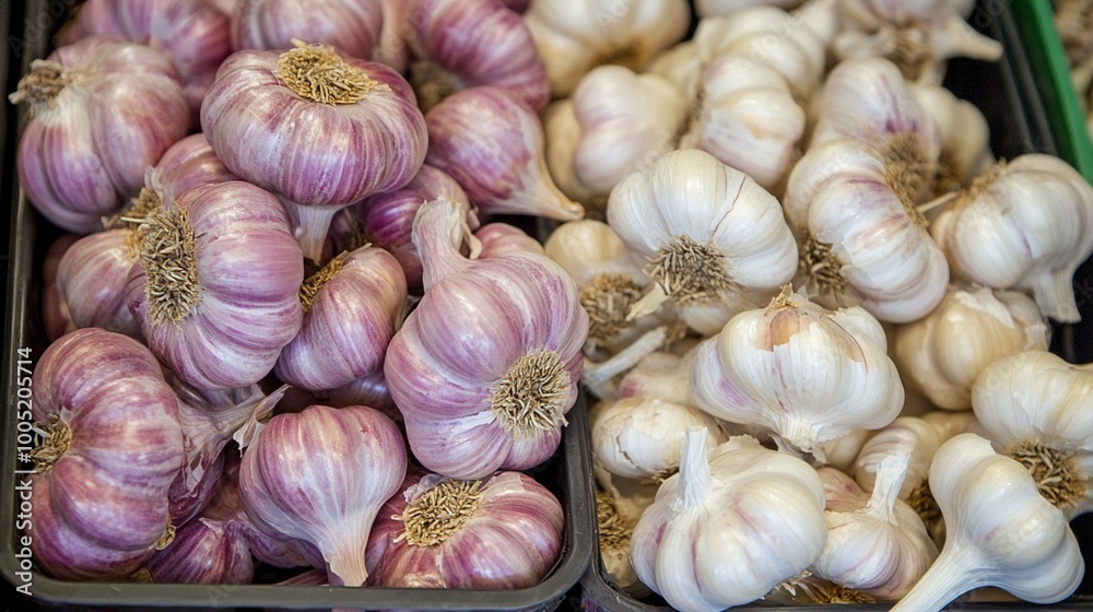 Fresh Garlic Bulbs in Vibrant Display at Market Fresh Garlic Bulbs in Vibrant Display at Market