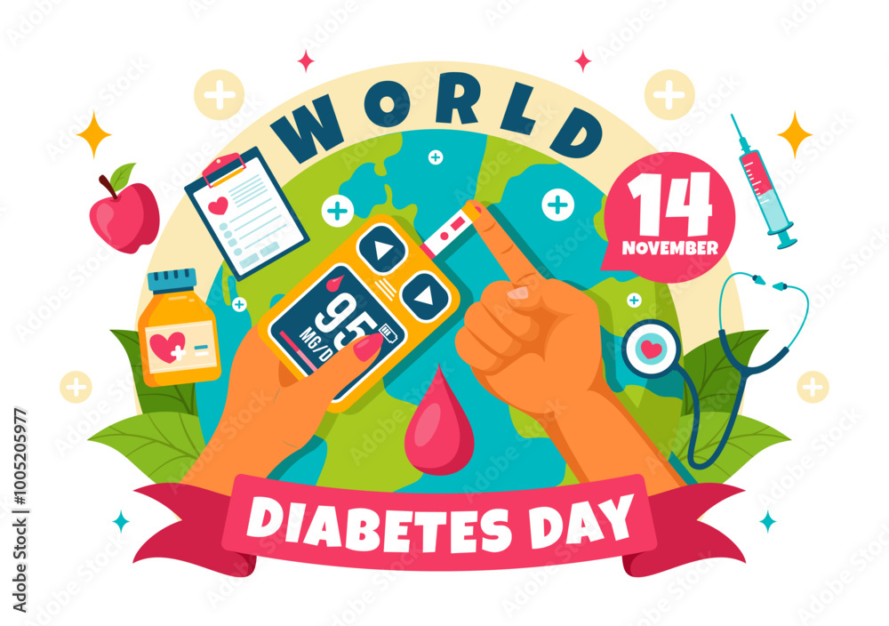 Naklejka premium World Diabetes Day Vector Illustration on 14 November with Doctors Testing Blood for Glucose and Measuring Sugar in a Flat Style Cartoon Background