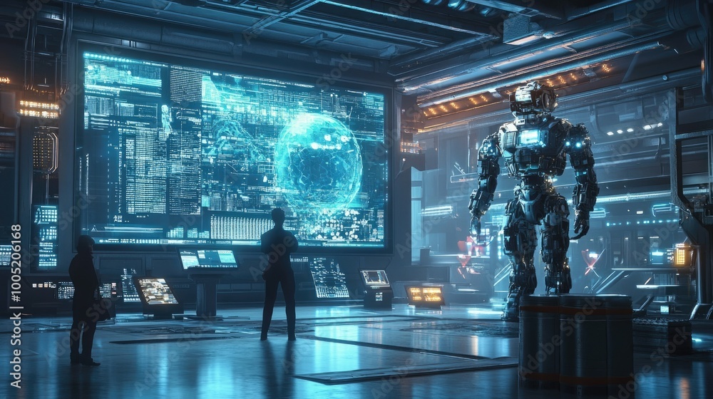 Advanced AI Robot Interacting with Humans in Modern Space Advanced AI Robot Interacting with Humans in Modern Space