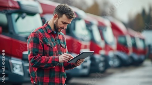 Manager Inspecting Fleet Vehicles with Digital Tab