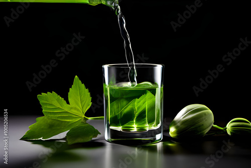 A glass of green juice being poured, showcasing freshness and health benefits.
