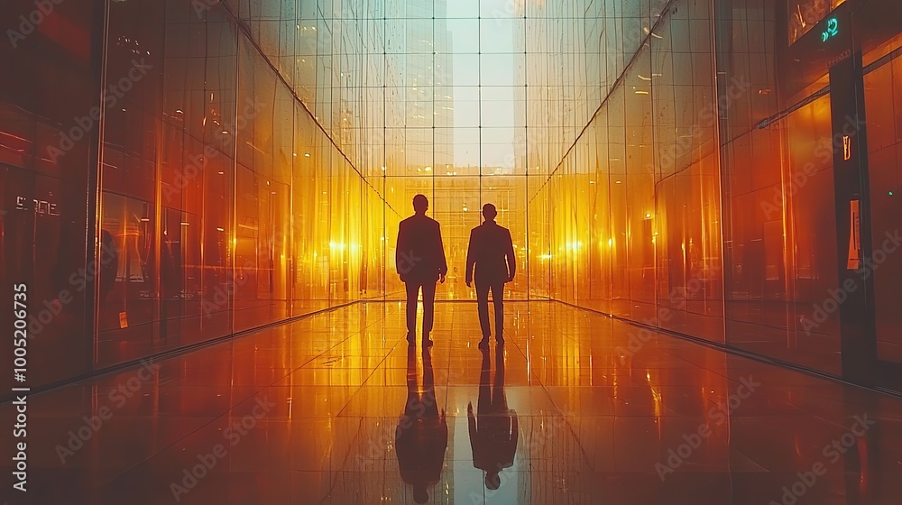 Two businessmen walk away from the camera in a glass corridor with golden reflections. Two businessmen walk away from the camera in a glass corridor with golden reflections.