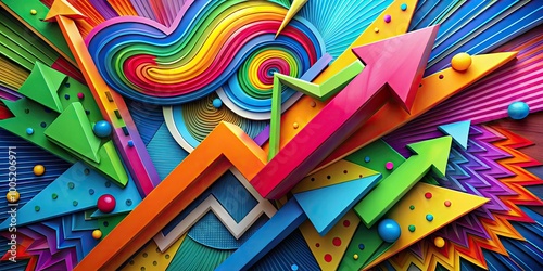 Vibrant, stylized arrow clip art pointing upwards, surrounded by bold, colorful shapes and lines, conveying energy, movement, and upward trajectory.