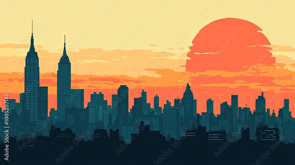 A vibrant sunset casts a warm glow over a city skyline, with tall skyscrapers reaching towards the sky and a large, red sun dominating the horizon. A vibrant sunset casts a warm glow over a city skyline, with tall skyscrapers reaching towards the sky and a large, red sun dominating the horizon.