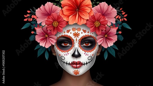 Day of the Deadinspired model with ornate face paint, featuring bold cosmetic choices and a dramatic floral headpiece photo