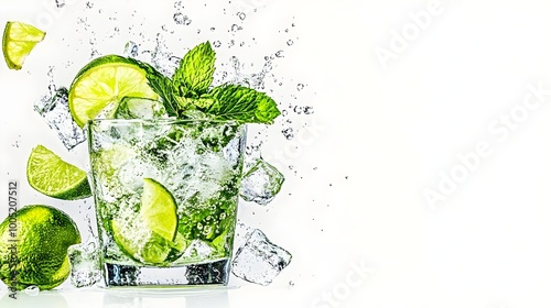 Mojito with Fresh Mint Leaves, Lime Wedges, and Ice Cubes in Frosty Glass, Isolated on White Background