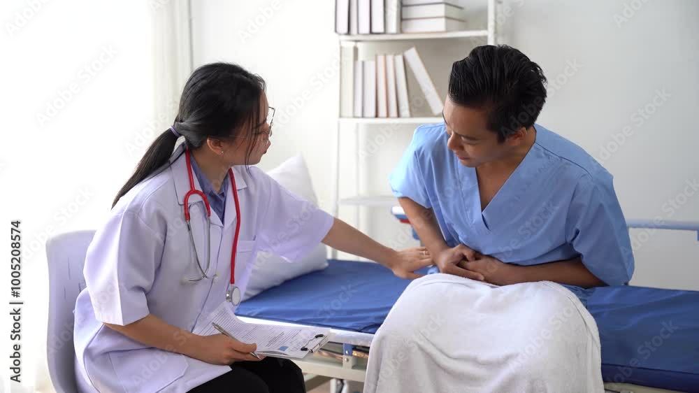 Compassionate Care: Doctor and Patient. A young female doctor offers comfort and support to her male patient in a hospital room, building trust and empathy. Compassionate Care: Doctor and Patient. A young female doctor offers comfort and support to her male patient in a hospital room, building trust and empathy.