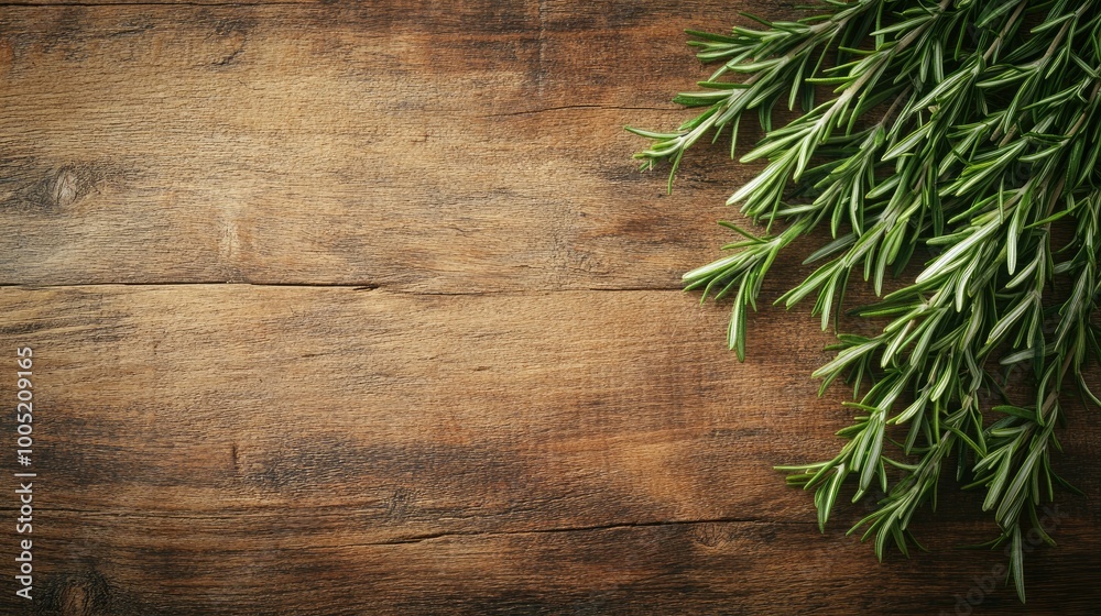 Fresh Rosemary Sprigs on Rustic Wooden Table Fresh Rosemary Sprigs on Rustic Wooden Table