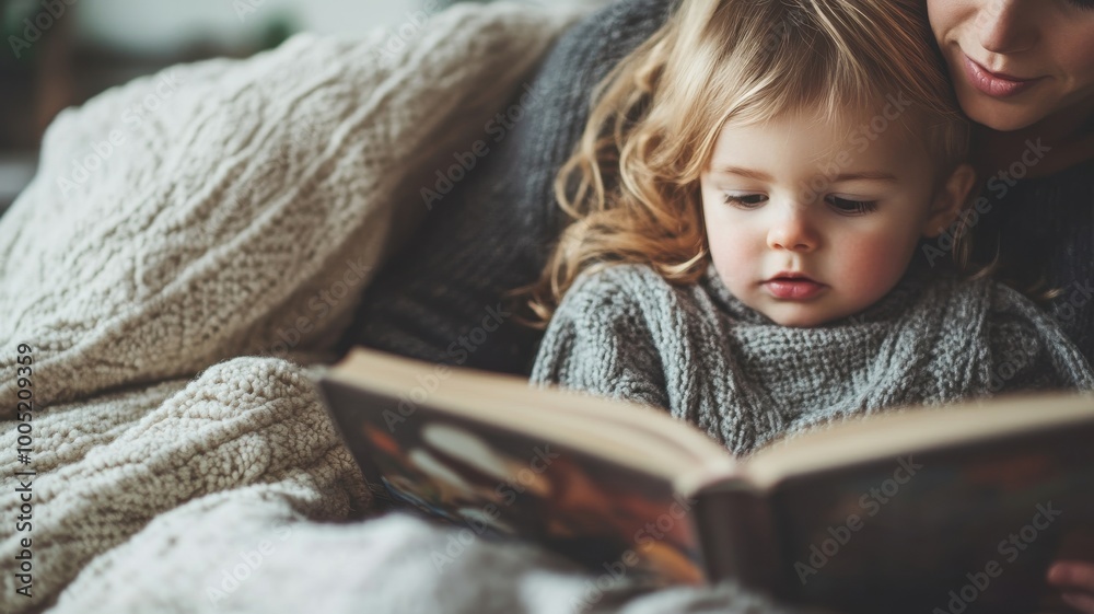 A child reading a book with an adult in a cozy, comfortable setting. A child reading a book with an adult in a cozy, comfortable setting.
