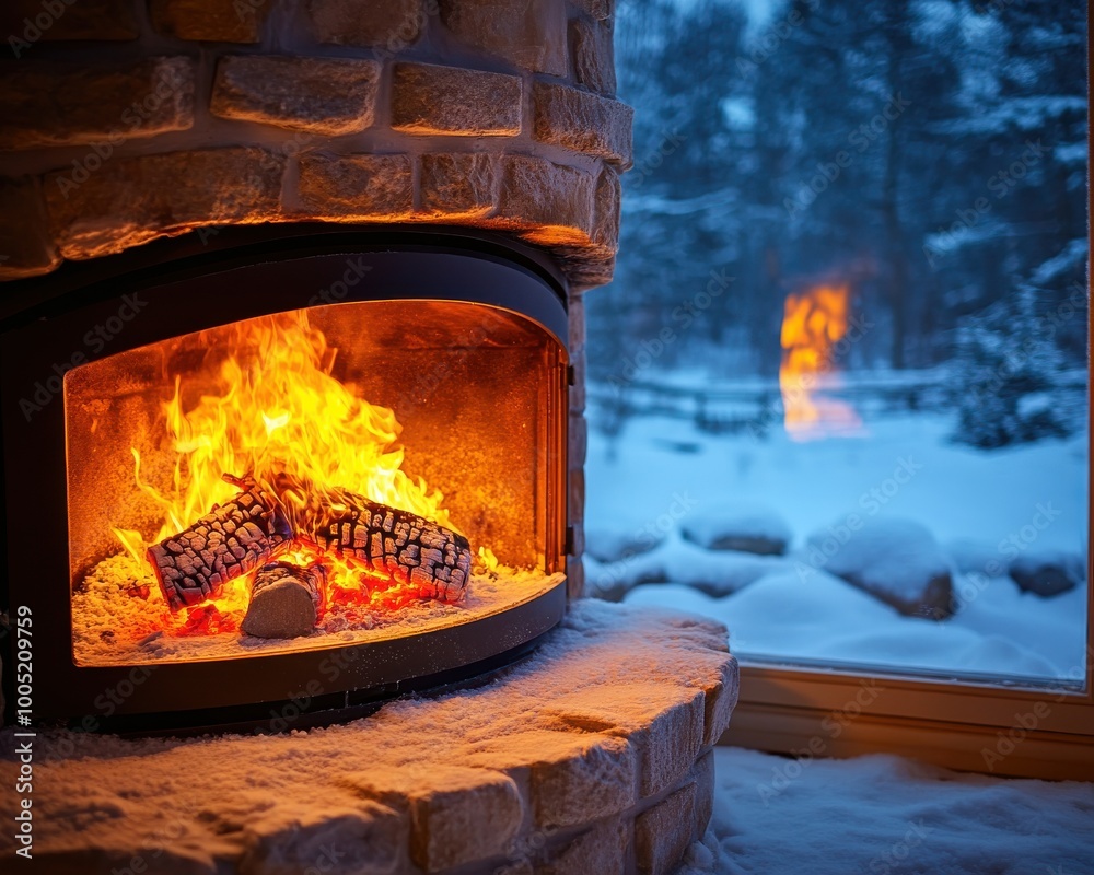 A cozy fireplace glowing warmly in a snowy landscape, creating a tranquil atmosphere. A cozy fireplace glowing warmly in a snowy landscape, creating a tranquil atmosphere.