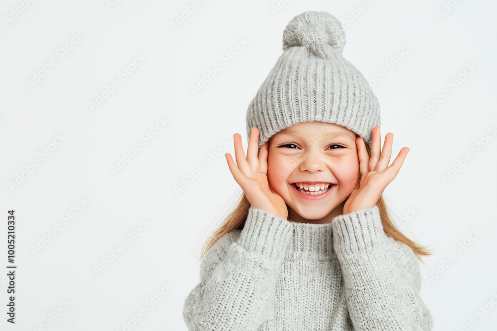 Smiling Child Wearing a Gray Knit Hat and Sweater on a Minimalist White Background for Winter Lifestyle Concept Smiling Child Wearing a Gray Knit Hat and Sweater on a Minimalist White Background for Winter Lifestyle Concept