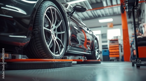Wallpaper Mural Black Sports Car on a Lift in a Garage Torontodigital.ca
