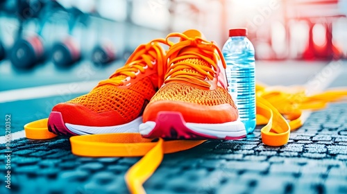 Sport Shoes and Water Bottle on Gym Floor, Fitness Gear for Active Lifestyle