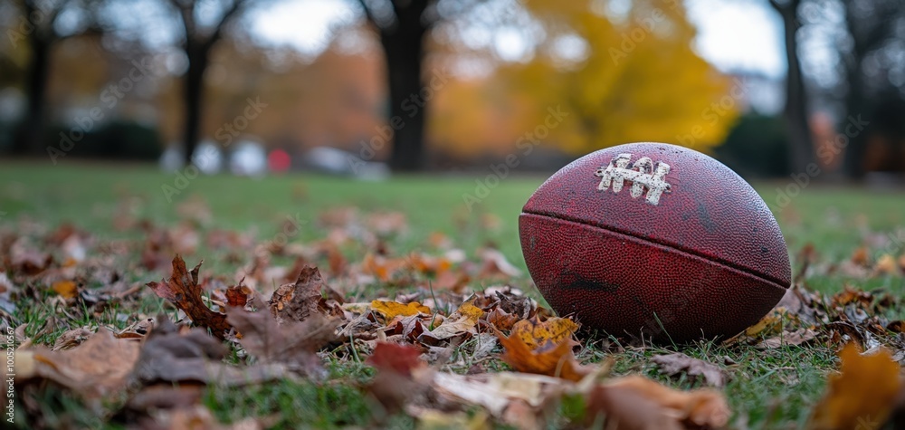 A football resting on fallen autumn leaves in a park setting. A football resting on fallen autumn leaves in a park setting.