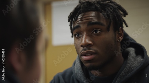 A focused young man engaging in a deep conversation, serious expression.