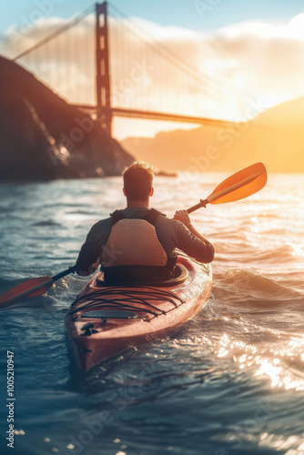 A man kayaking in water with background of golden gate bridge photo