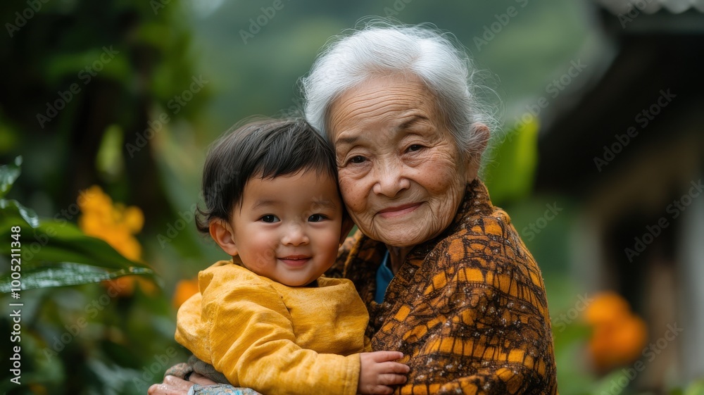 A joyful elderly woman holding a smiling child in a vibrant garden. A joyful elderly woman holding a smiling child in a vibrant garden.