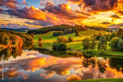 Vibrant sunset illuminates serene landscape of rolling hills, majestic trees, and tranquil lake, reflecting warm golden hues and soft pink clouds in perfect harmony.