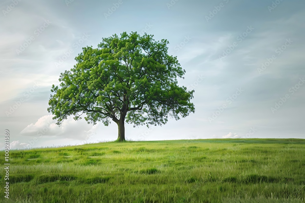 Obraz premium Oak tree in a field on a background of blue sky with clouds