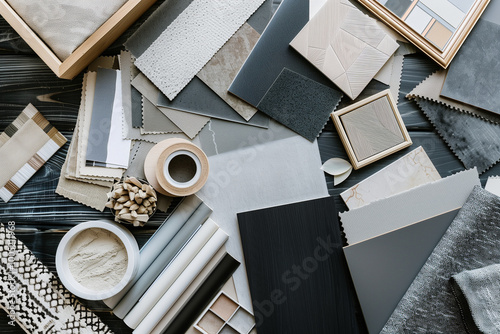 Elegant flat lay composition with textile and paint samples, lamella panels, tiles, in grey and black color palette for architect and interior designer moodboard