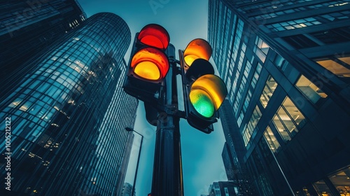 Traffic Light Against Urban Skyline at Dusk photo