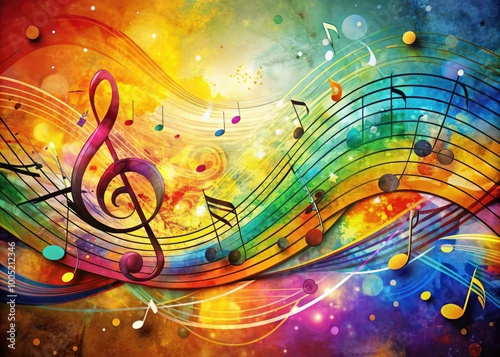 Vibrant, swirling music notes and staffs dance across a bright, textured background, blending creative expression and melodic rhythms in a whimsical, artistic illustration.