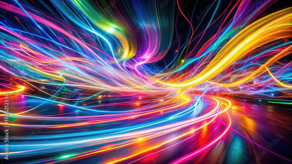 Vibrant, swirling patterns of colorful light streak across a dark background, capturing the mesmerizing beauty of long-exposure photography in a dynamic, abstract composition. Vibrant, swirling patterns of colorful light streak across a dark background, capturing the mesmerizing beauty of long-exposure photography in a dynamic, abstract composition.