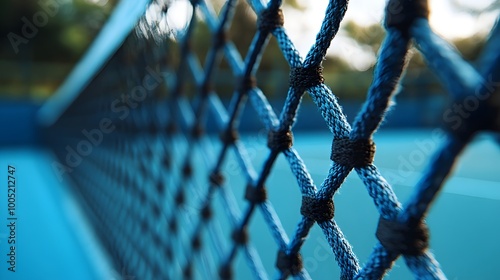 Close-Up of Tennis Court Net with Detailed Textures, Empty Court in Background