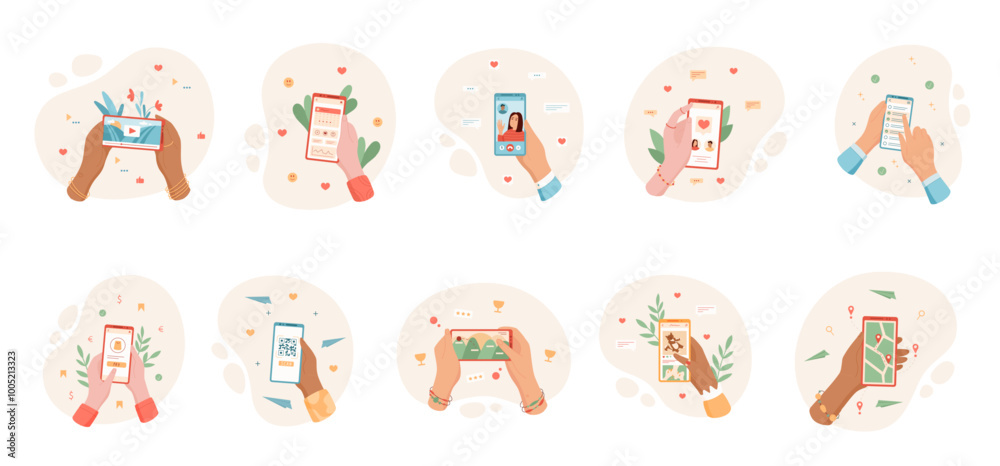 Set of hands holding phone and smartphone, using application for video, chat, and camera. Users engage with mobile technology for social media and communication. Set of hands holding phone and smartphone, using application for video, chat, and camera. Users engage with mobile technology for social media and communication.
