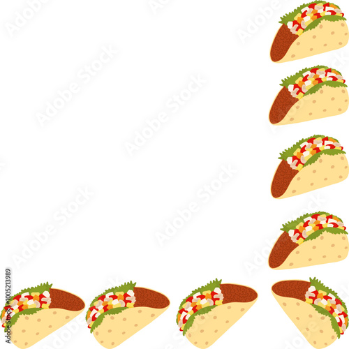 Tacos wit meet and vegetables sauces and green salad. Mexican eating Corner bottom frame border