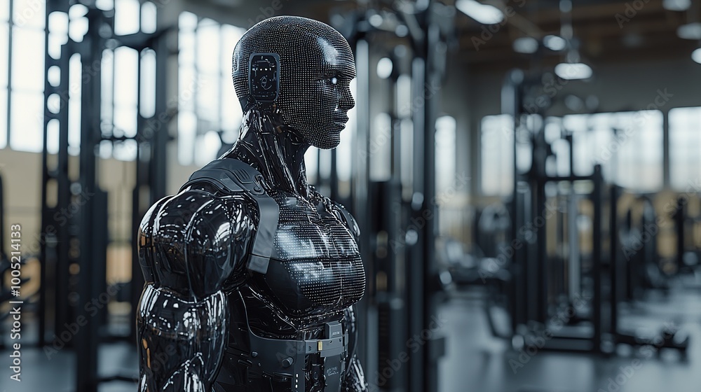 Futuristic robot with a sleek, black exterior standing in a gym. Futuristic robot with a sleek, black exterior standing in a gym.