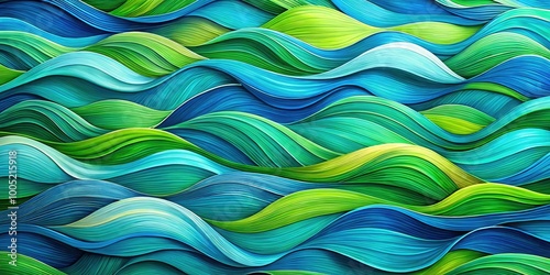 Vibrant, undulating waves of bright blue and green hues intersect and overlap, creating a mesmerizing, abstract pattern of dynamic, flowing lines and shapes.