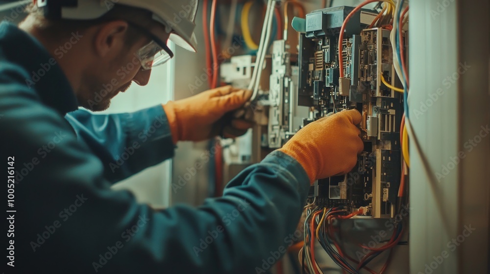 Electrician Working on an Electrical Panel Electrician Working on an Electrical Panel