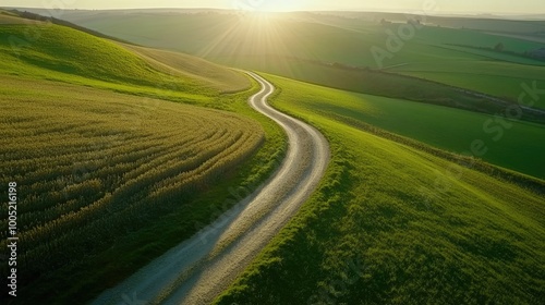 Aerial view of a winding road through rolling green hills and a field of crops at sunset.