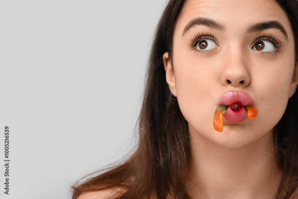 Beautiful young woman with jelly worms in her mouth on grey background, closeup Beautiful young woman with jelly worms in her mouth on grey background, closeup