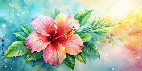 Vibrant watercolor illustration of a colorful Hawaiian hibiscus flower with delicate petals and leaves on a soft, dreamy background, evoking tropical island paradise.