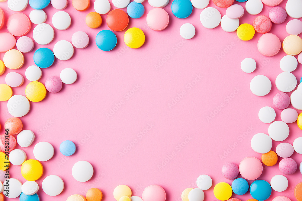 Colorful round candies on pink background with copy space in center, playful sweet concept for party or design Colorful round candies on pink background with copy space in center, playful sweet concept for party or design