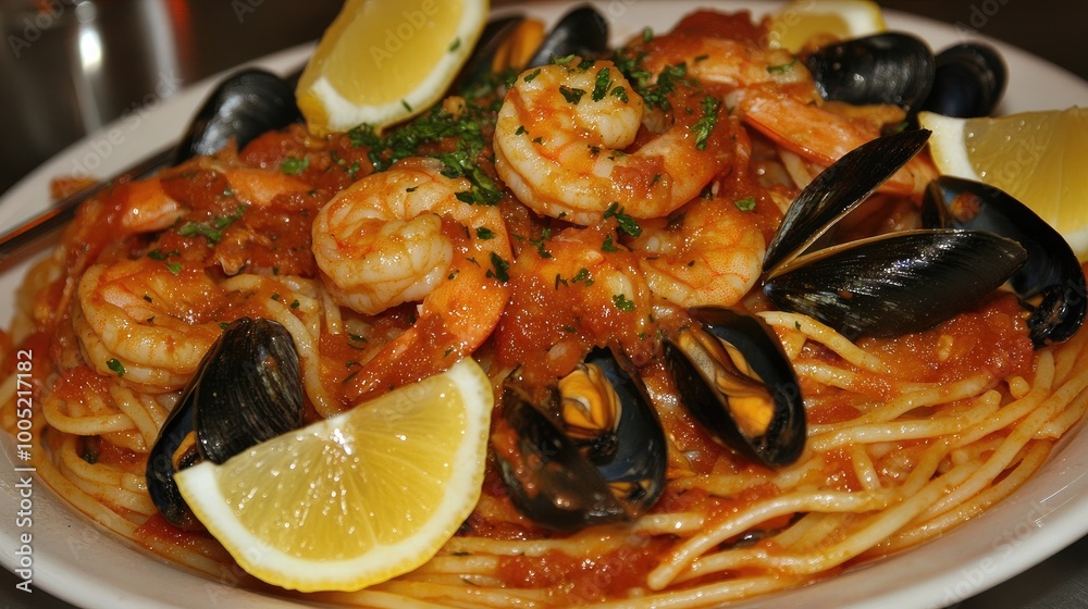Shrimp and Mussels Pasta with Lemon Garnish Shrimp and Mussels Pasta with Lemon Garnish