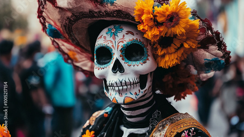 Celebrating Day of the Dead with vibrant attire and decorations in a lively parade